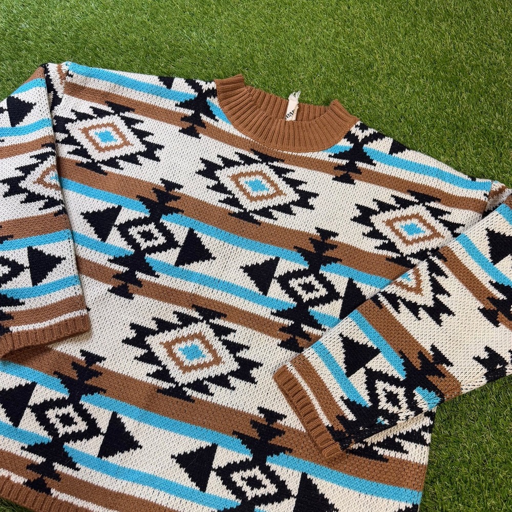 Savanna Jane Southwestern Aztec Knit Sweater Brown Turquoise Oversized‎ Small